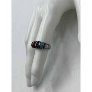 Inlaid Turquoise, Coral, and Marcasite Southwestern Sterling Silver Ring Sz 6